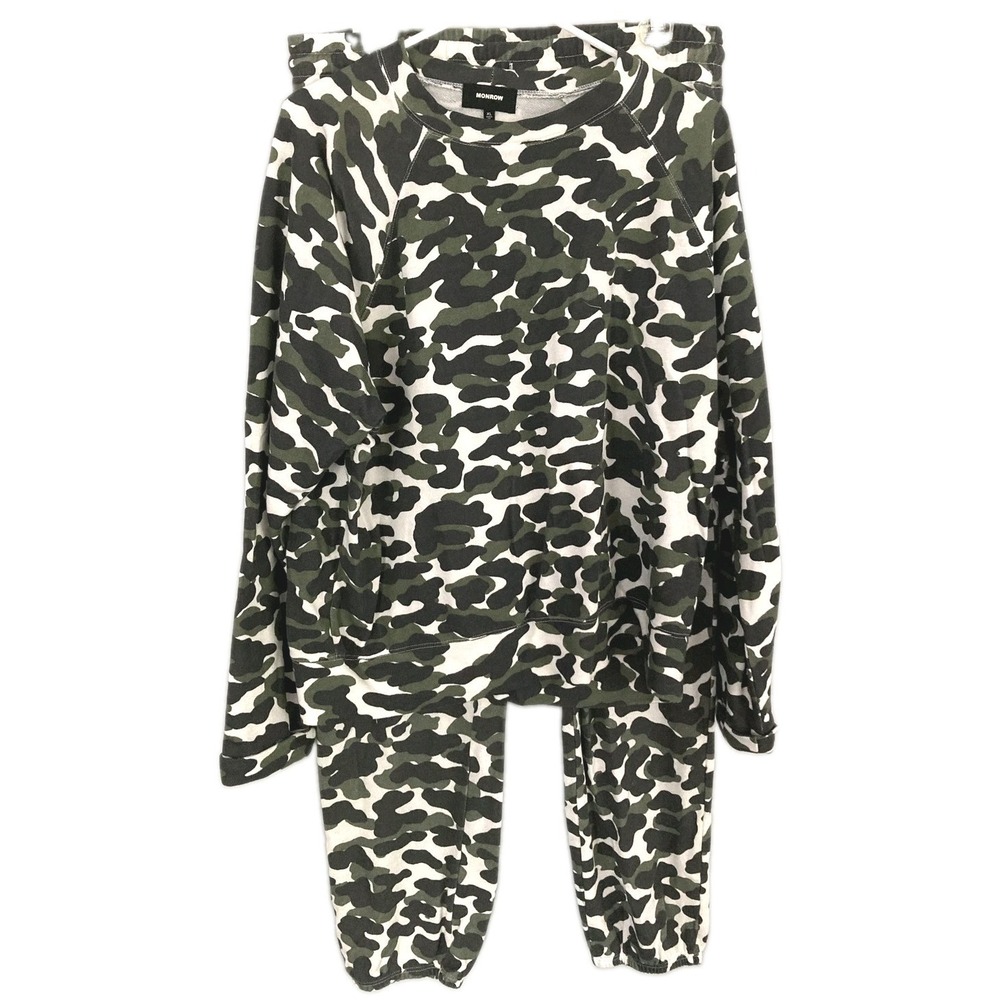 Monrow Sweatshirt (XL) Jogger Pants (L) Set Women Camo Lounge French Terry USA
